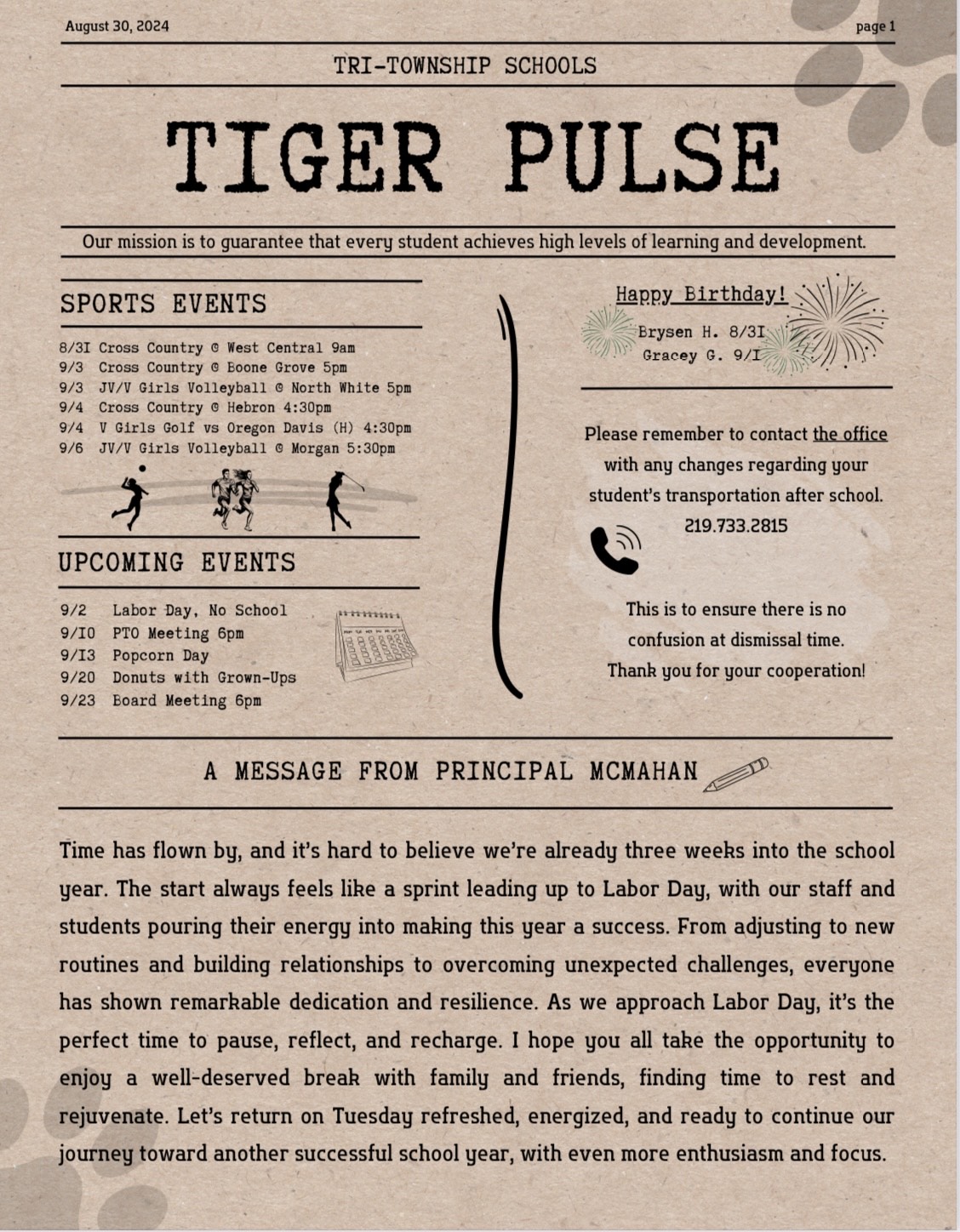 Tiger Pulse Front Page 8/30/24