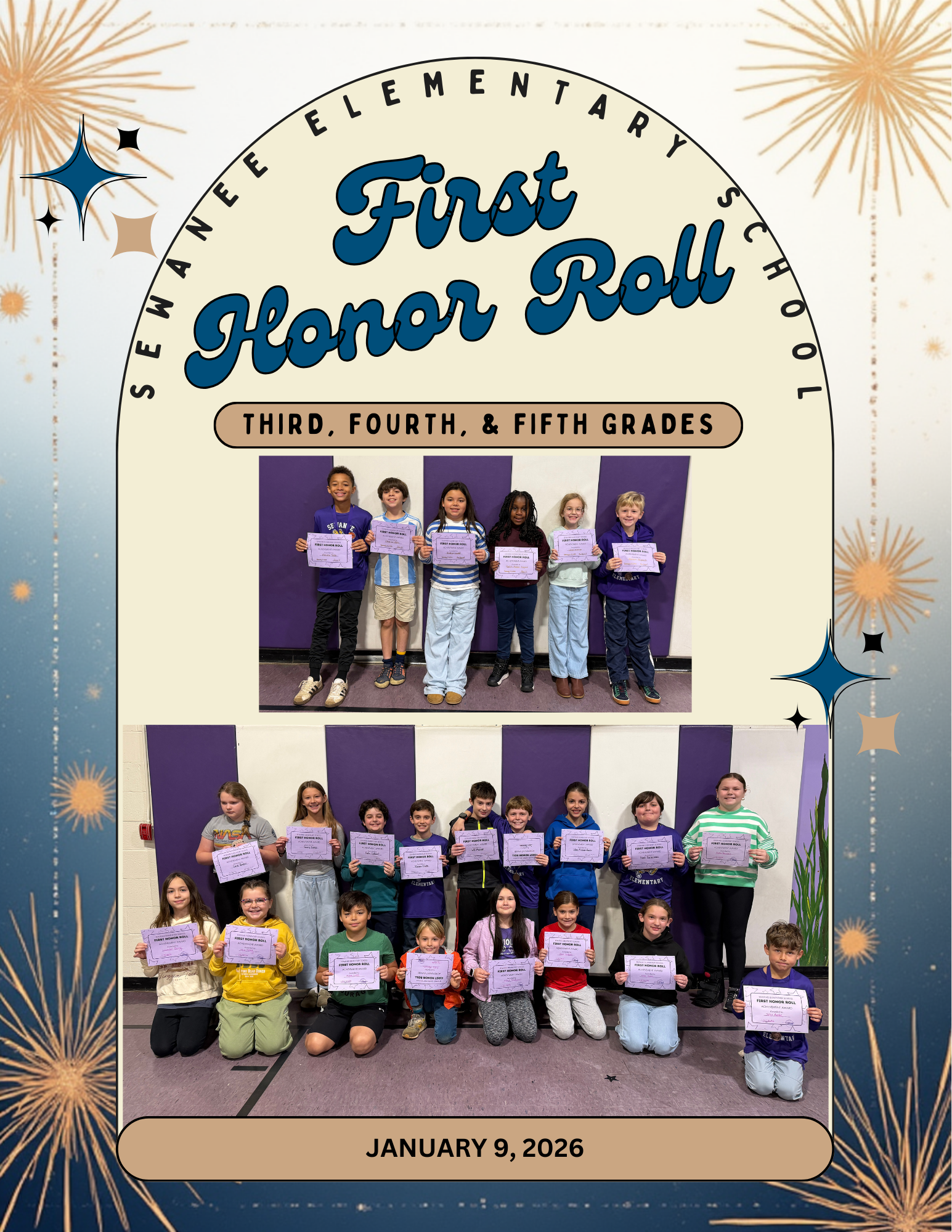Sewanee Elementary School First Honor Roll for third, fourth, and fifth grades. Award certificates given to students on January 9, 2026 during the Friday morning assembly.