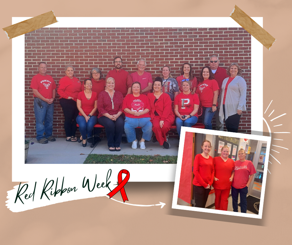 The faculty and staff dressed in red for Red Ribbon Week