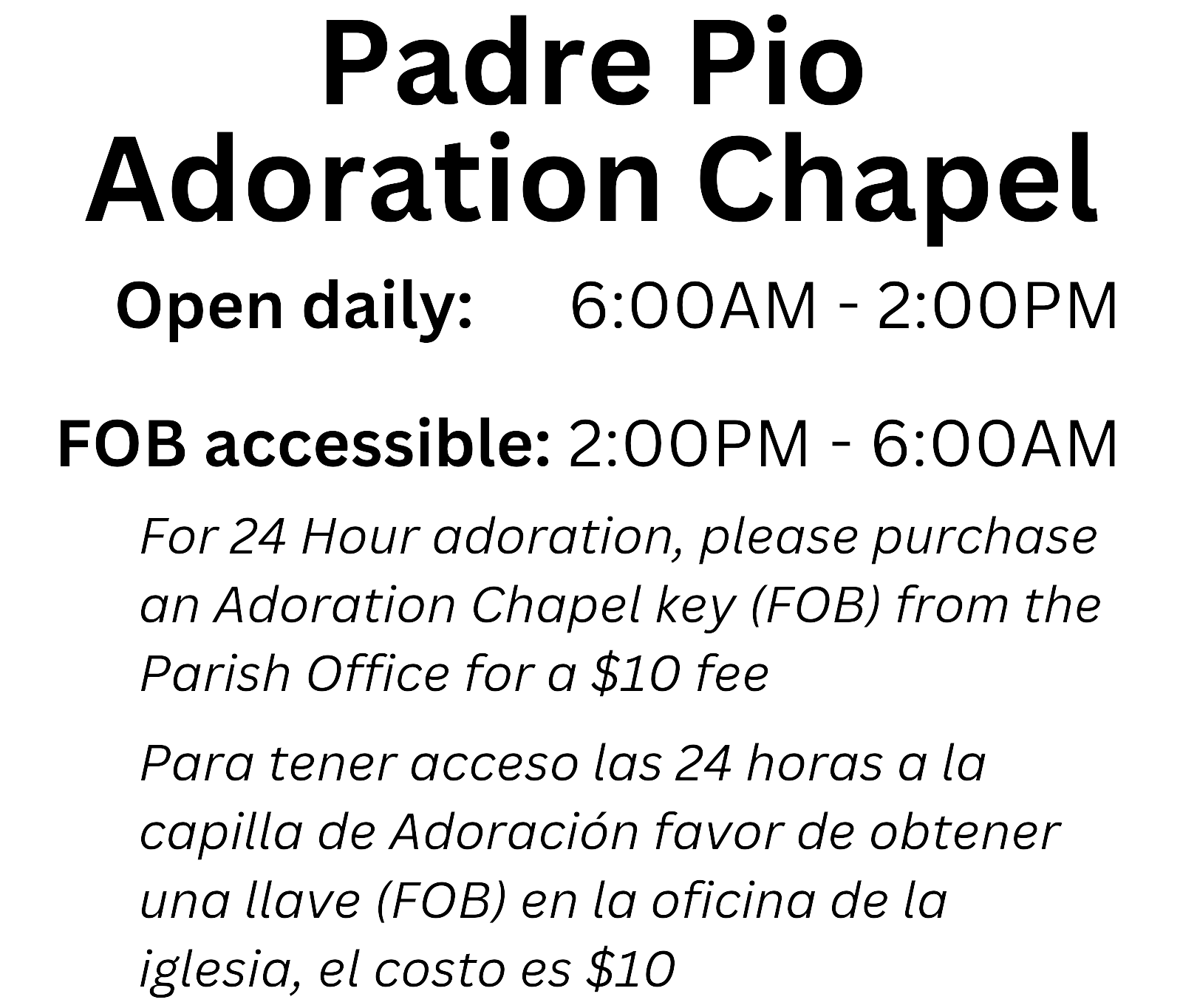 Padre Pio Adoration Chapel Times 2026