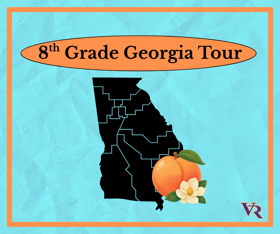 8th Grade Georgia Tour. Clipart of the state of Georgia and a peach.