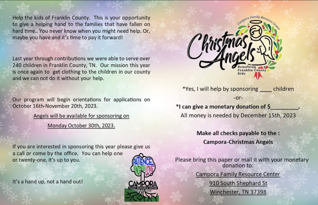 Help kids in Franklin County this holiday season. If you are interested in sponsoring a child, call Campora Family Resource Center at 931-967-7825.