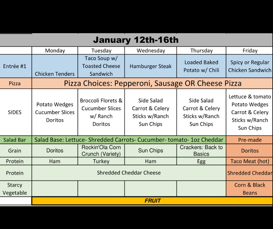 Jan. 12-16th Lunch Menu