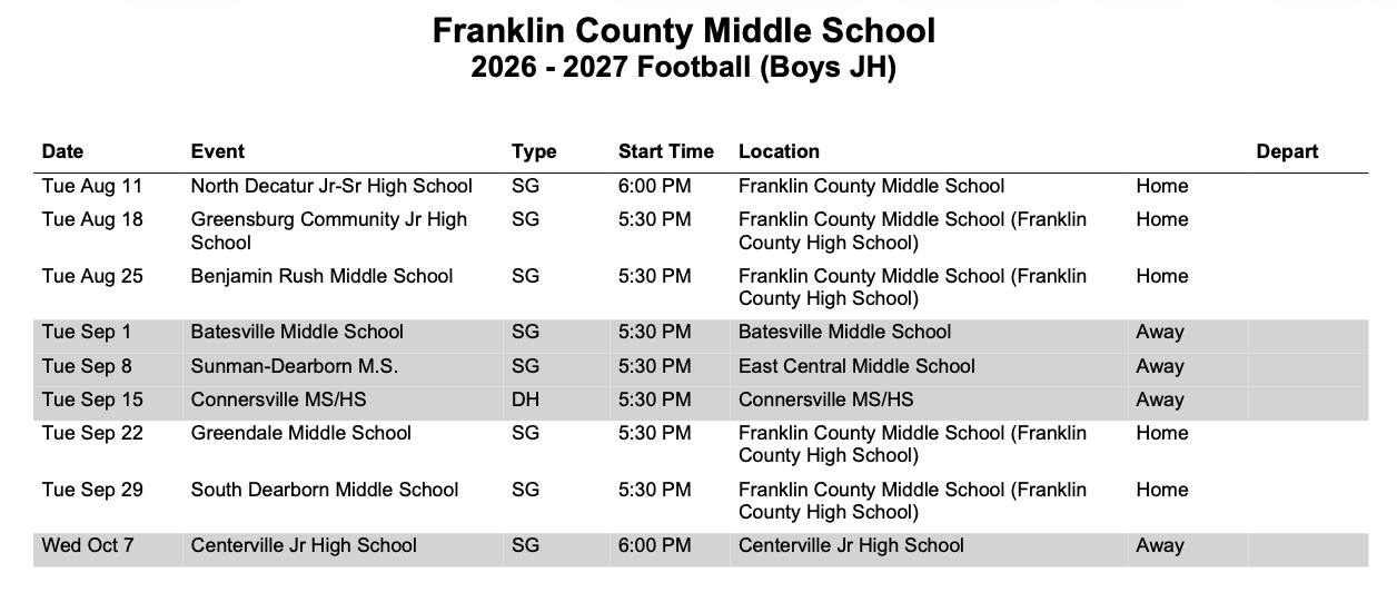 FCMS Football Schedule Fall 2026