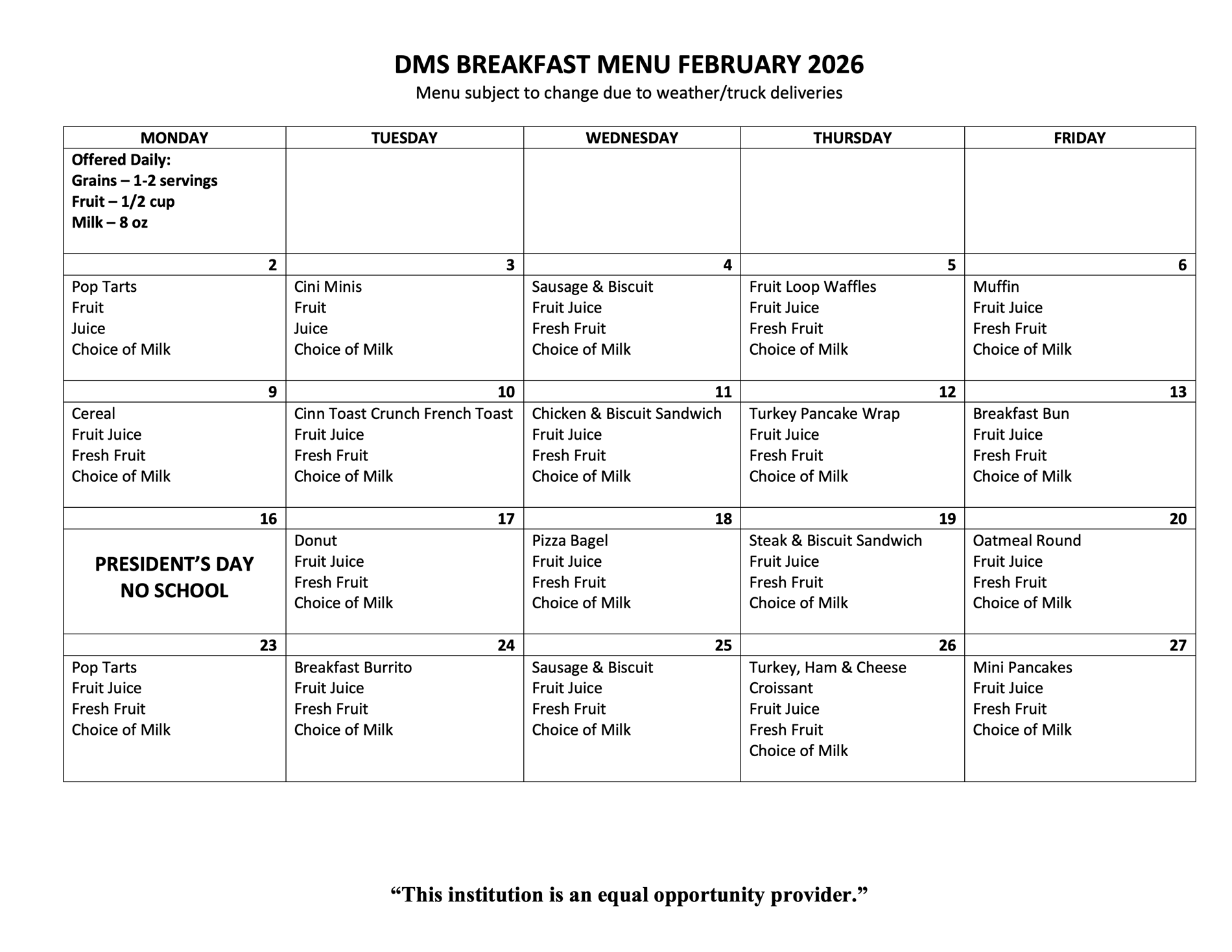 February Breakfast Menu