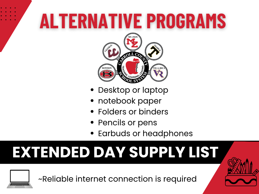 Supply list for extended day - desktop or lopto, notebook paper, folders, binders, pencils or pens, earbud or headphones