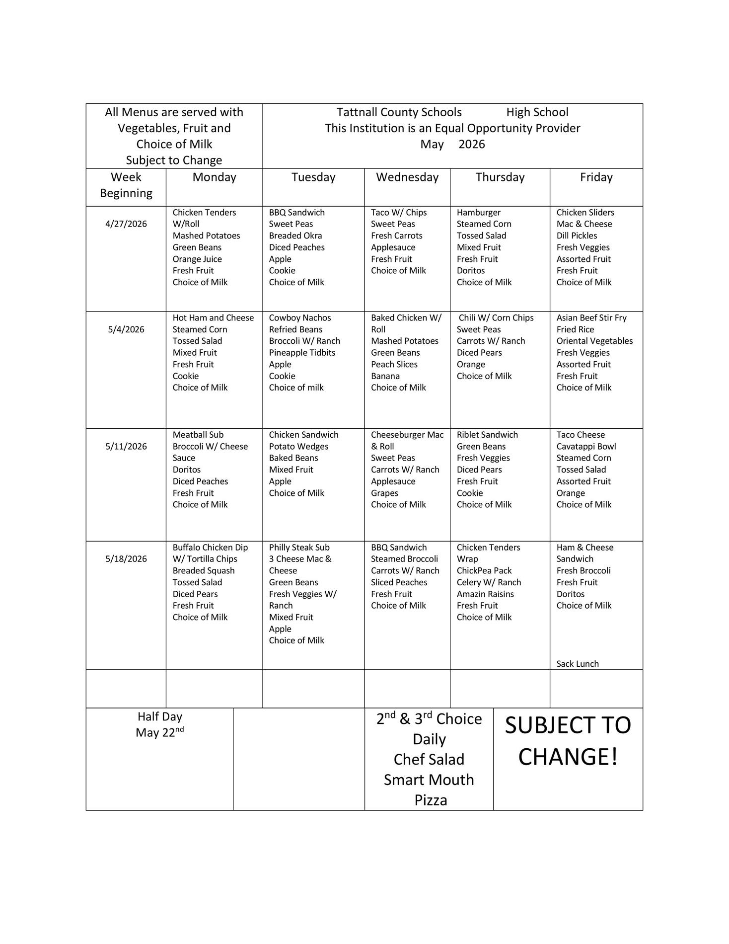 TCHS Menu-Last 4 Weeks of School