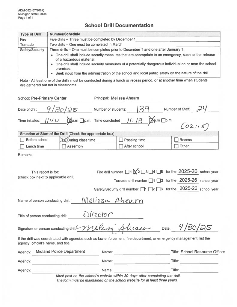 Form for Carpenter Pre-Primary second fire drill of 2025-2026