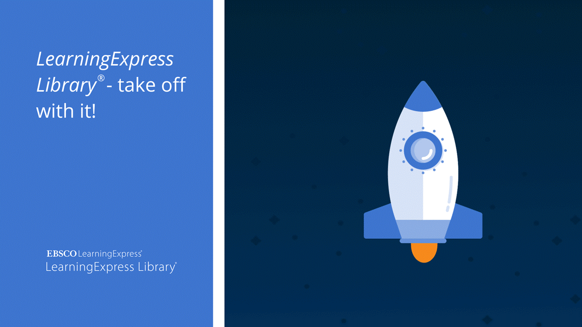 "Take off with Learning Express Library!" rocket ship graphic on blue background