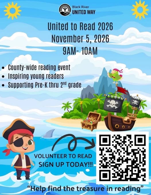 Pirate-themed Black River United Way flyer announces “United to Read 2026” on November 5, 2026, from 9–10 a.m. This county-wide reading event inspires young readers and supports pre-K through second grade. Text invites volunteers to “Volunteer to Read—Sign Up Today!!!” beside a QR code. A cartoon pirate, treasure chest, and pirate ship illustrate the slogan, “Help find the treasure in reading.” Pirate-themed Black River United Way flyer announces “United to Read 2026” on November 5, 2026, from 9–10 a.m. This county-wide reading event inspires young readers and supports pre-K through second grade. Text invites volunteers to “Volunteer to Read—Sign Up Today!!!” beside a QR code. A cartoon pirate, treasure chest, and pirate ship illustrate the slogan, “Help find the treasure in reading.”