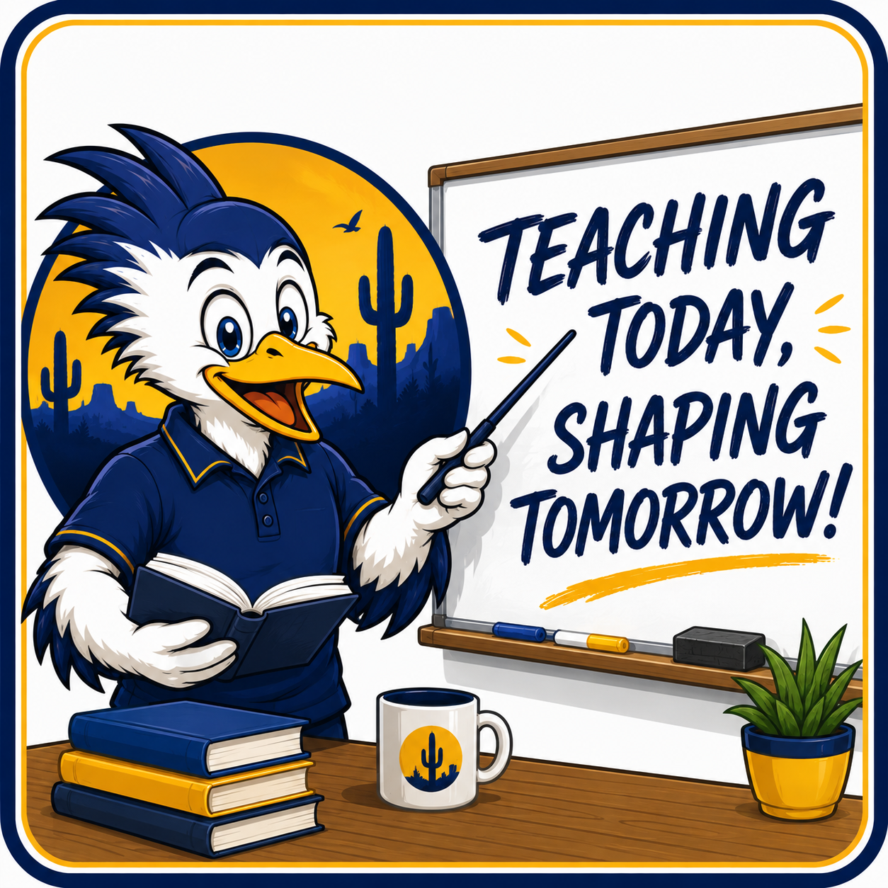 A cartoon roadrunner teaching