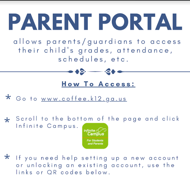 Parent Portal instructions with QR codes to websites.