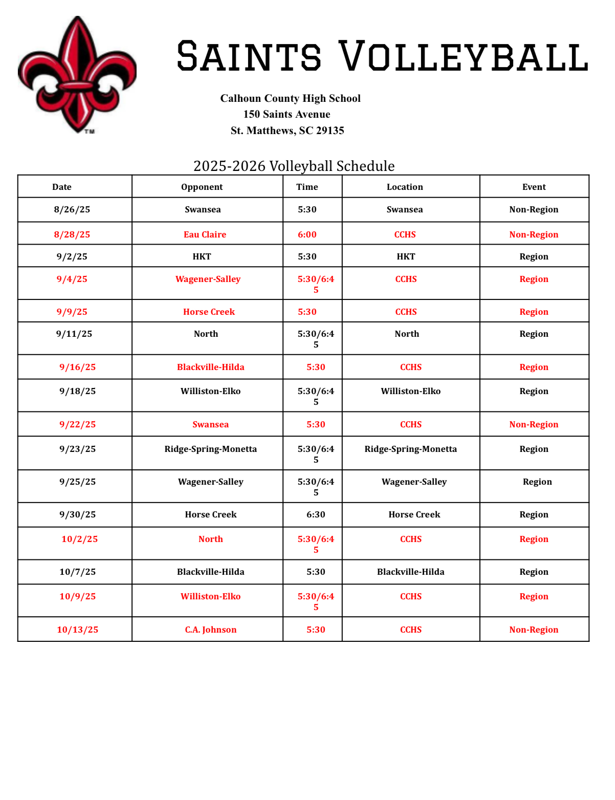 Volleyball Schedule