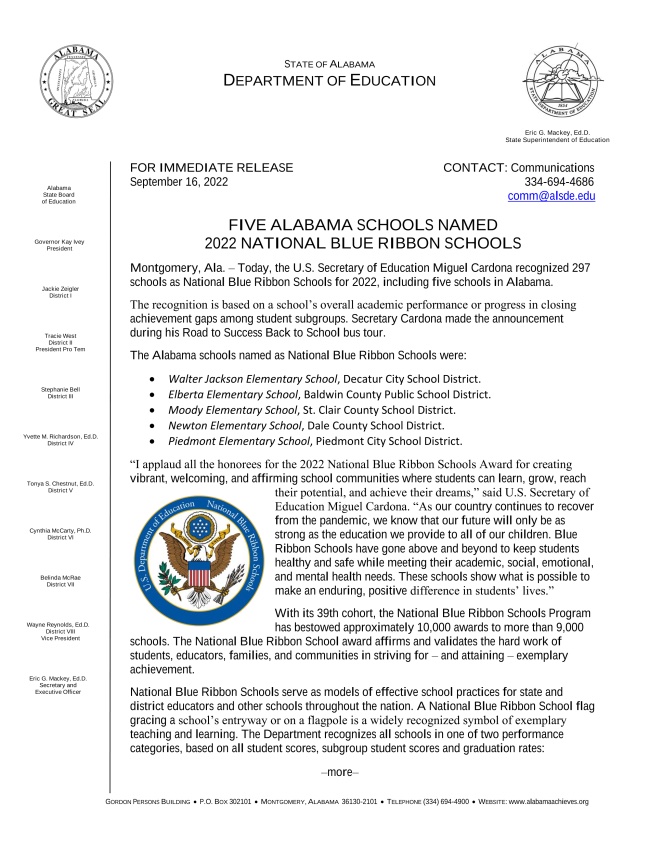 State Department of Education Blue Ribbon Announcement