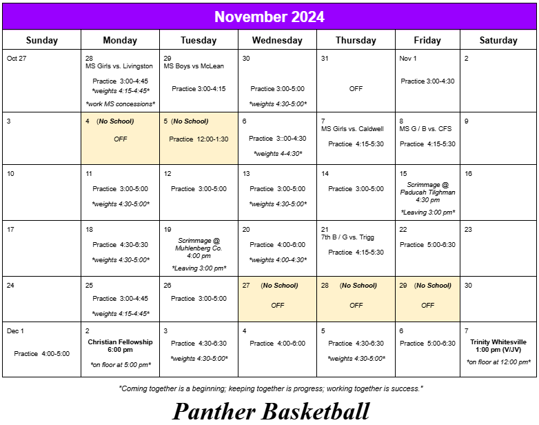 November Schedule