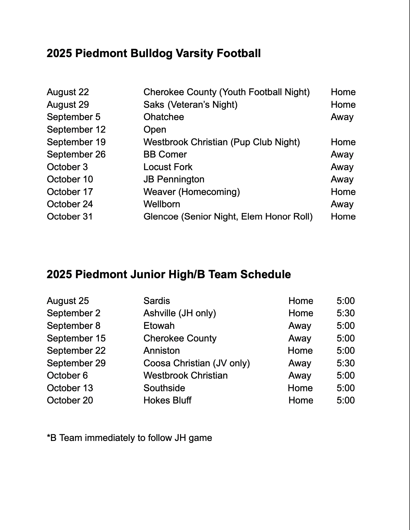 Football Schedule