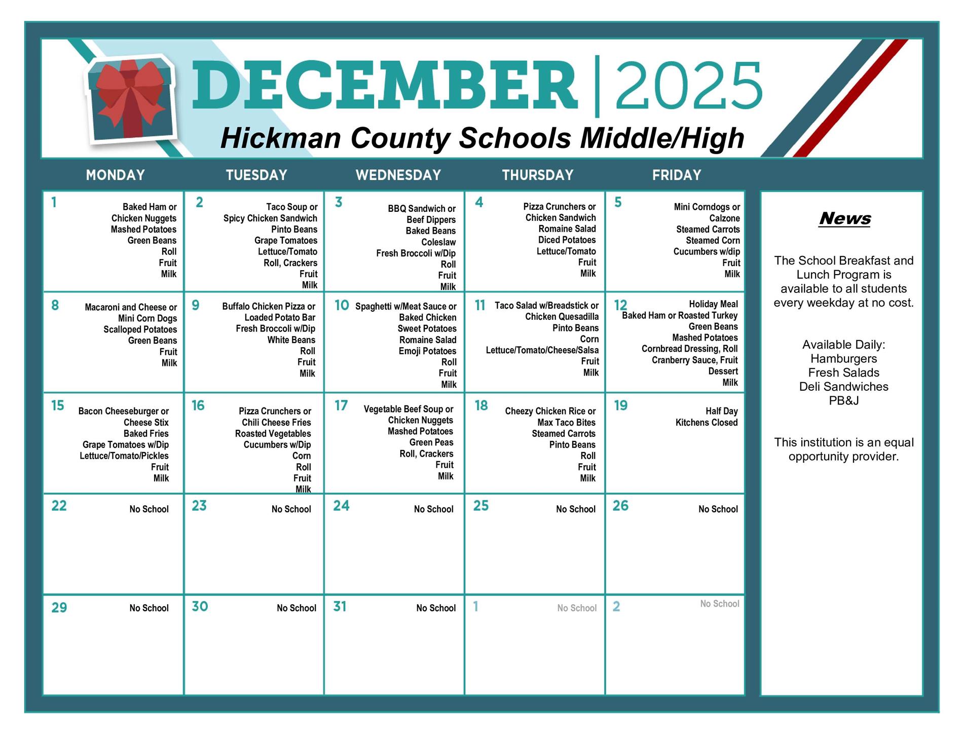 December Lunch Schedule