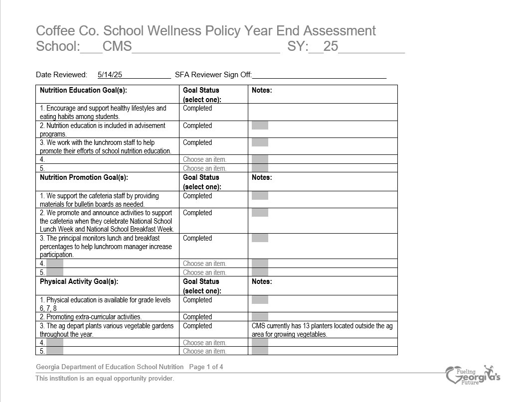 coffee county school wellness policy year end assessment; click image to lead to accessible Google link, PDF below. 