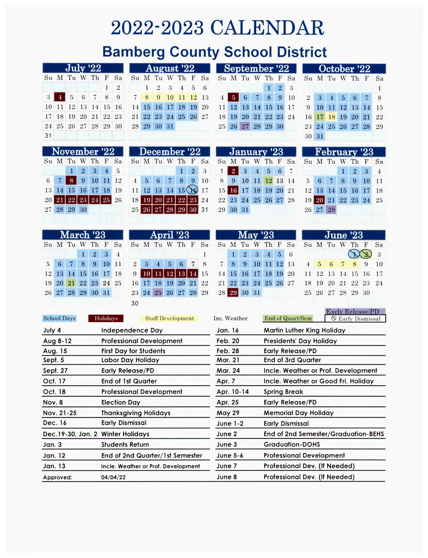 Bamberg County School District 2022 - 2023 Calendar
