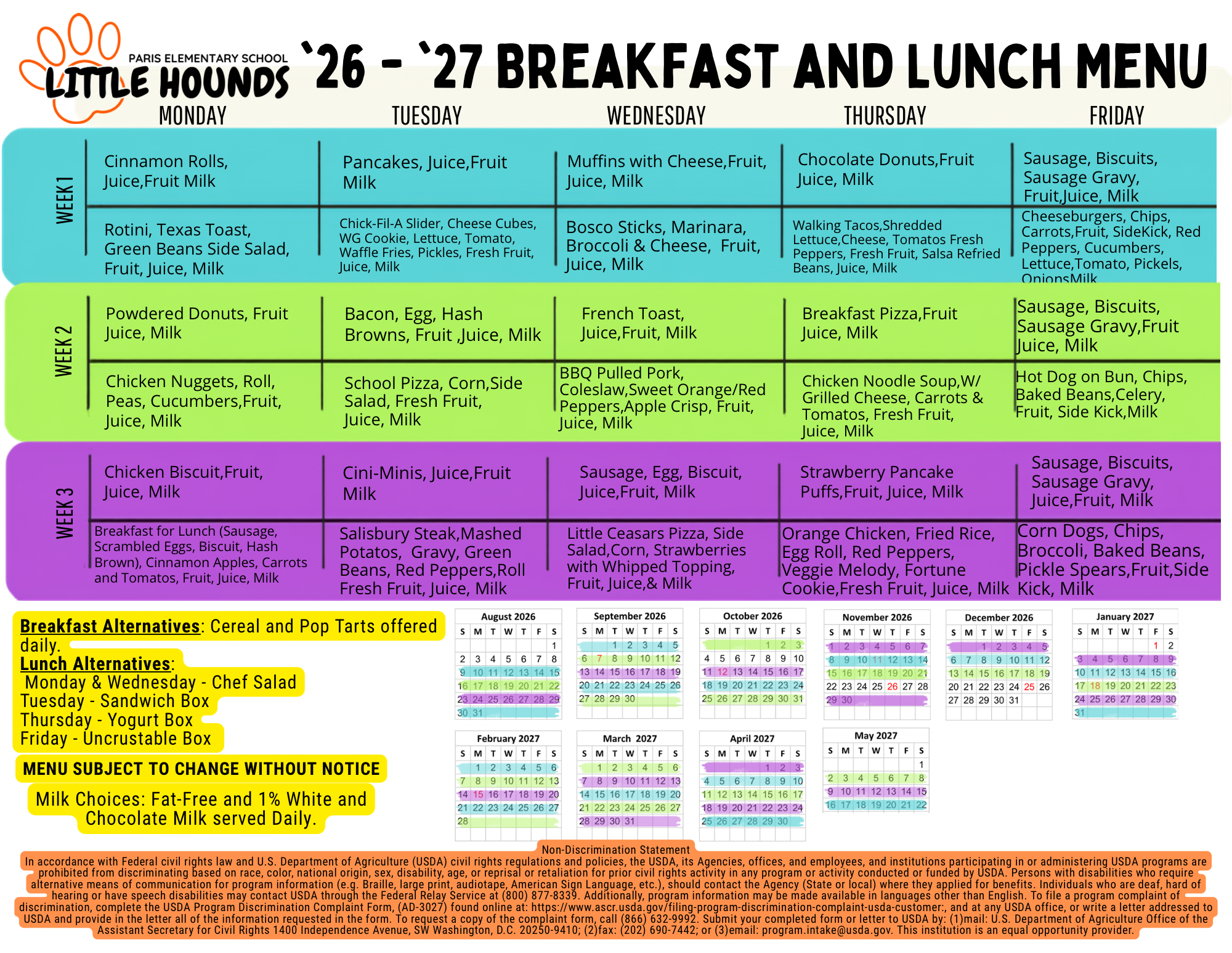2026-27 Paris Elementary Breakfast and Lunch Schedule