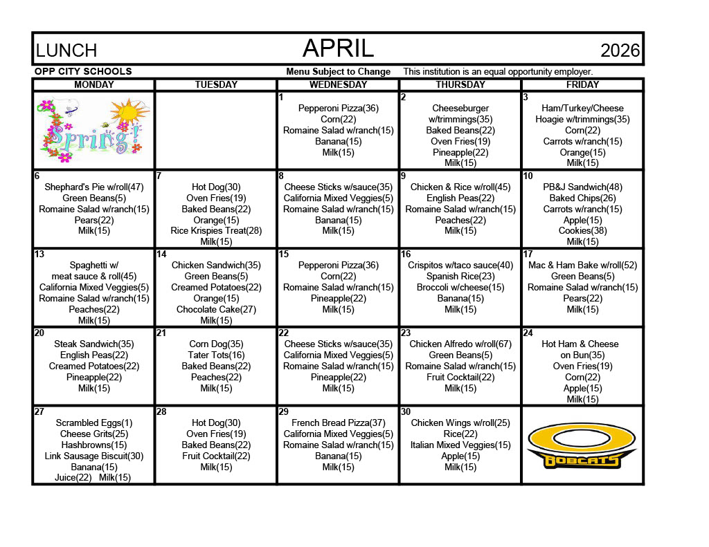 Lunch Menu April 2026