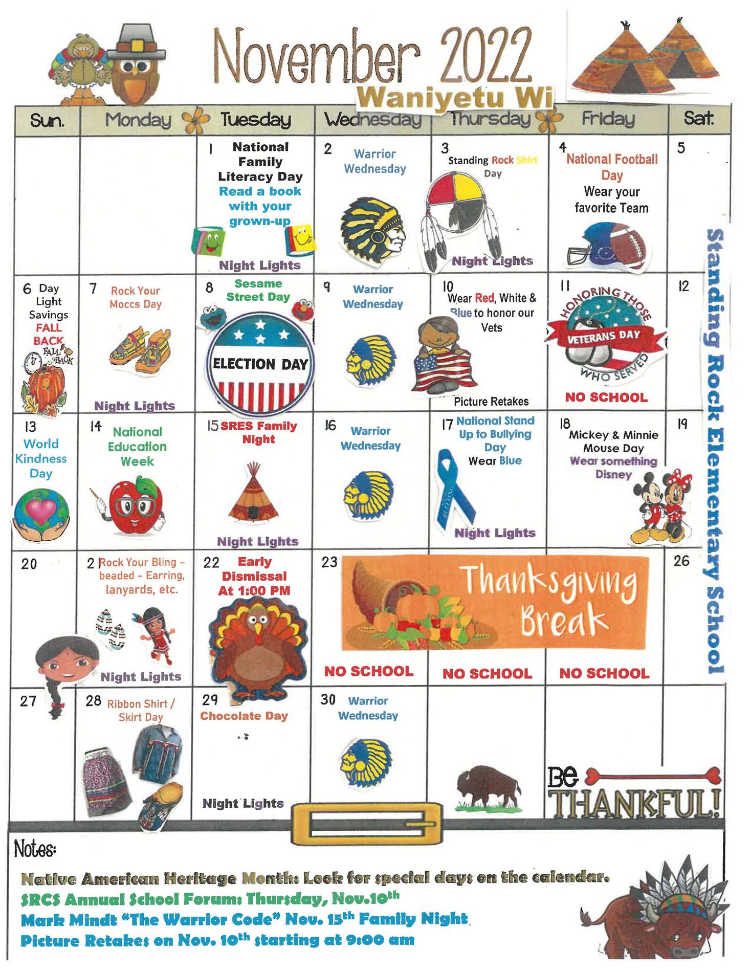 Elementary November Calendar 2022