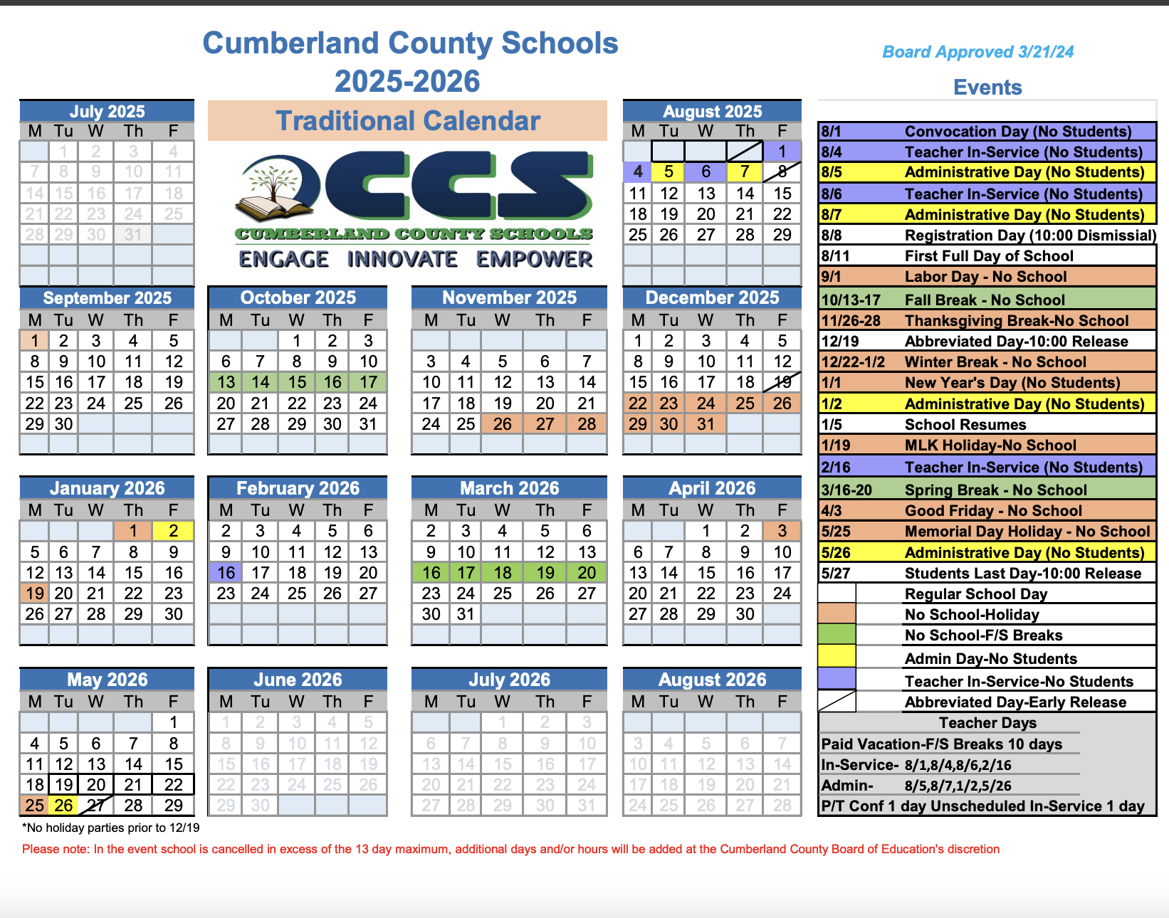 Calendar for 2025 - 2026
