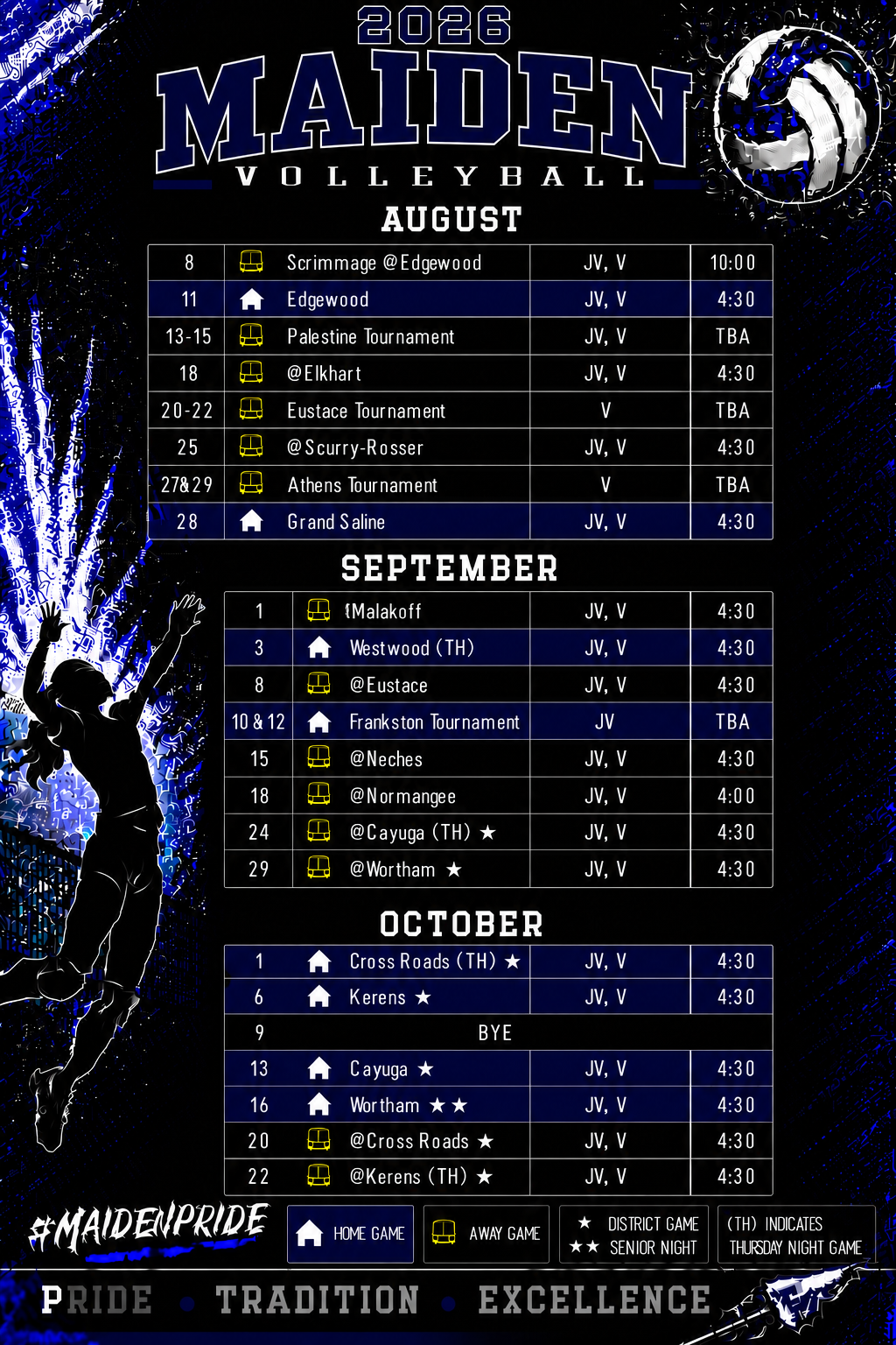 2026 Frankston Maidens Volleyball schedule poster in royal blue, white, black, and gray. The top reads “2026 MAIDEN VOLLEYBALL” with a volleyball graphic. A silhouette of a volleyball player appears along the left side. The schedule lists games for August, September, and October, including home and away games, tournaments, game levels (JV and varsity), times, district games marked with stars, senior night, and Thursday night games. A legend at the bottom identifies home and away game icons, district games, senior night, and Thursday night games. The poster ends with the slogan “PRIDE • TRADITION • EXCELLENCE.”