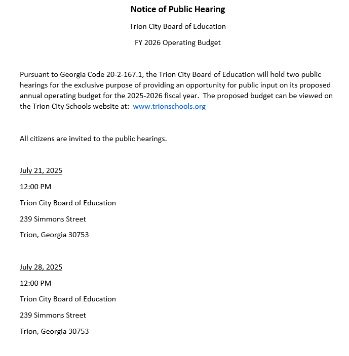 NOTICE OF PUBLIC HEARING FY 2026 OPERATING BUDGET