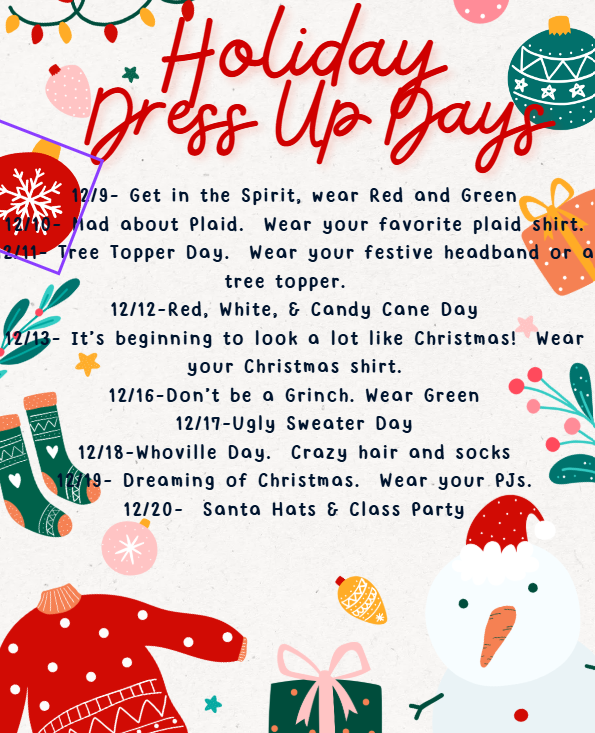 list of holiday dress up days for elementary school with seasonal background of presentes and ornaments