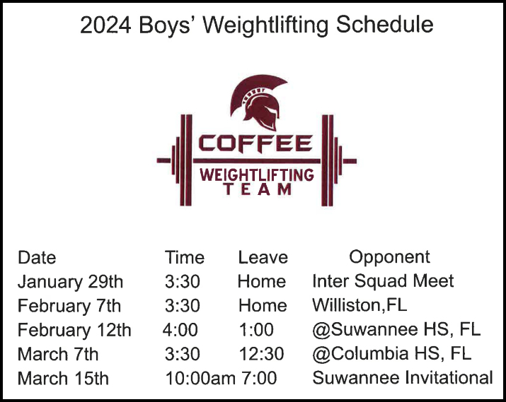 2024 CHS Boys Weightlifting Schedule