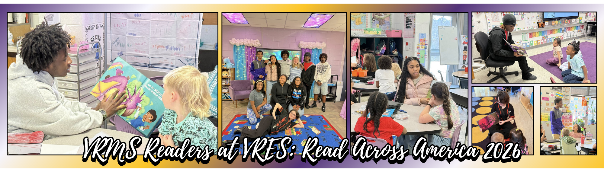 VRMS Readers at VRES: Read Across America 2026. Collage of pictures of students reading to elementary students.