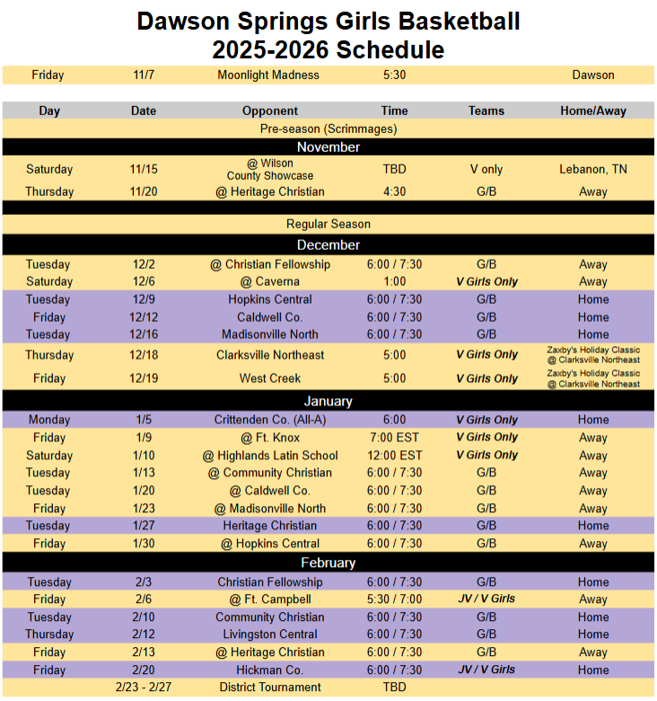 2025-2026 High School Girl's Basketball Schedule