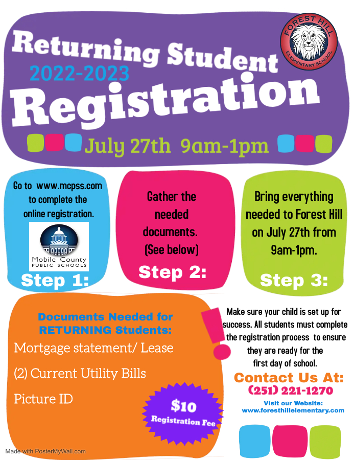 Registration for returning students is Wednesday, August 27 from 9am - 1pm.