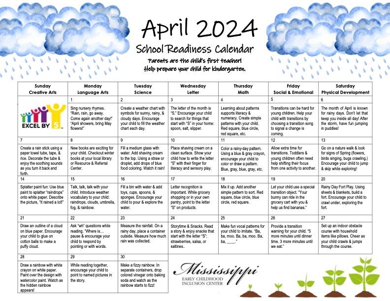April Kindergarten Calendar