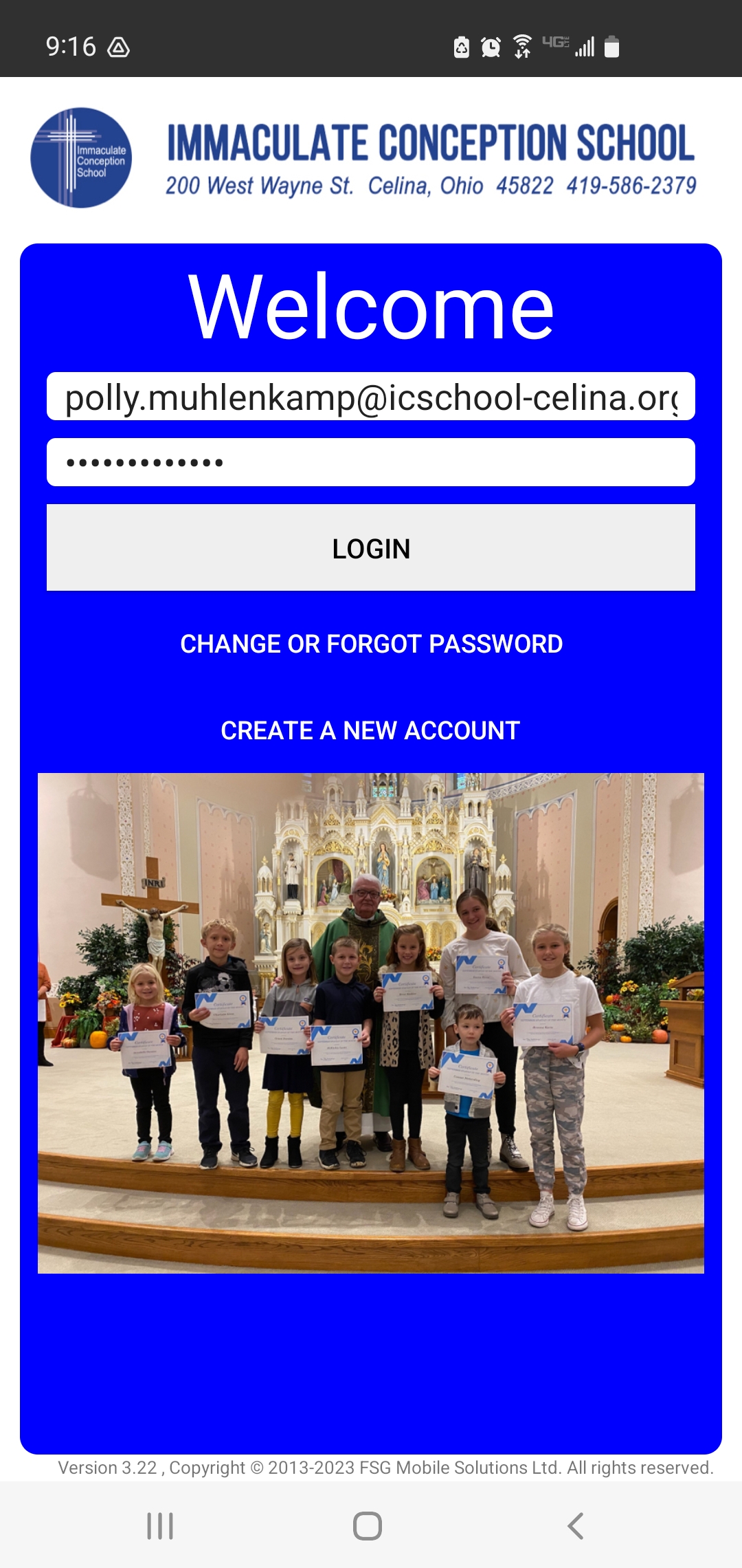 log in screen for Imamculate Conception app