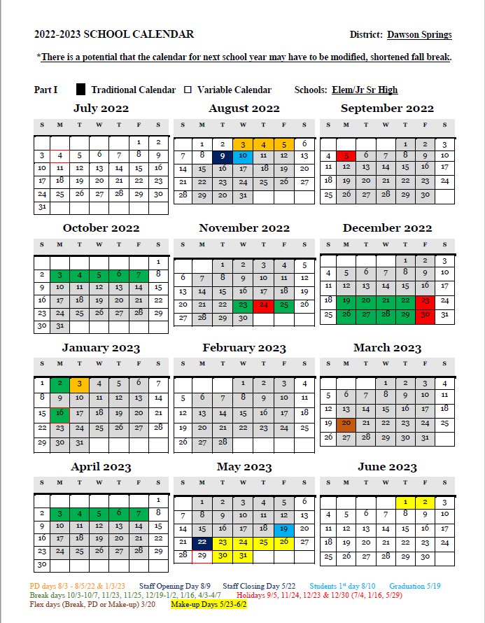 DawsonSprings 2022 / 2023 School Calendar
