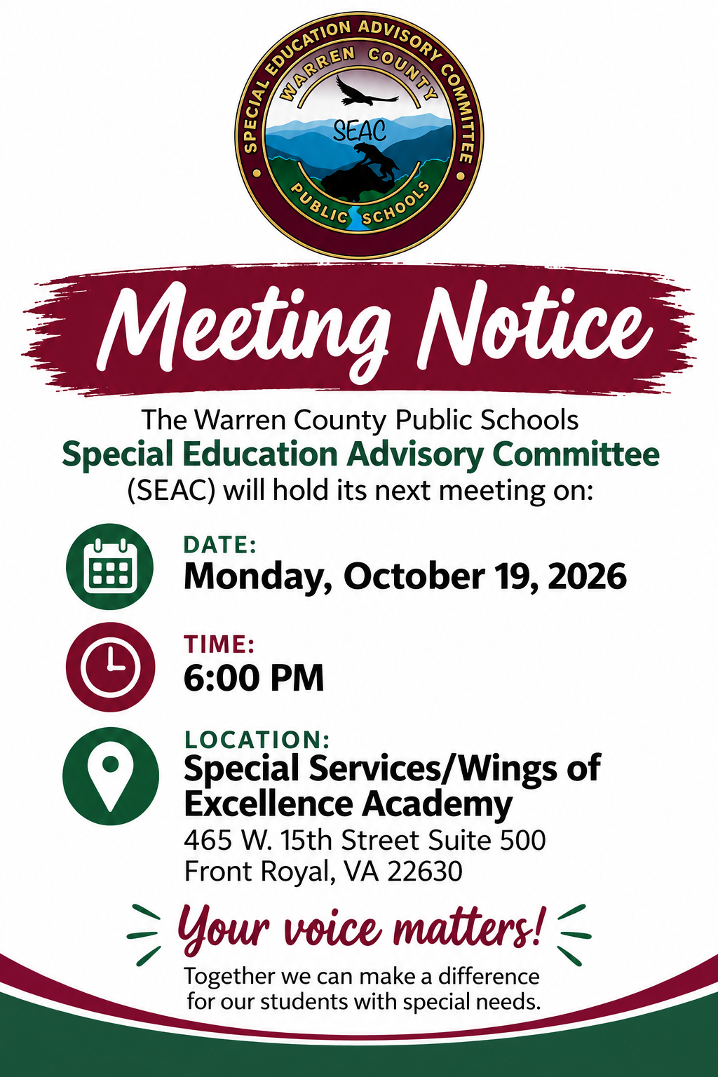 Meeting Notice for SEAC of WCPS