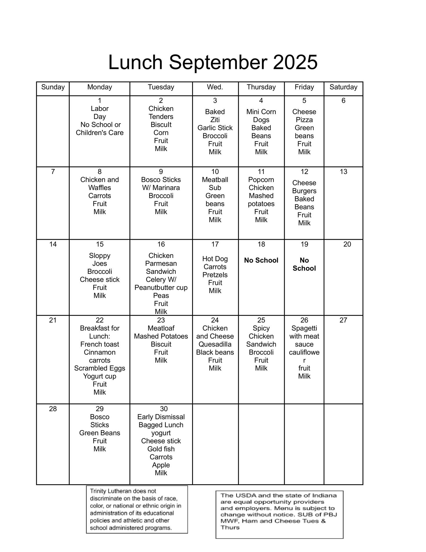 September lunch menu