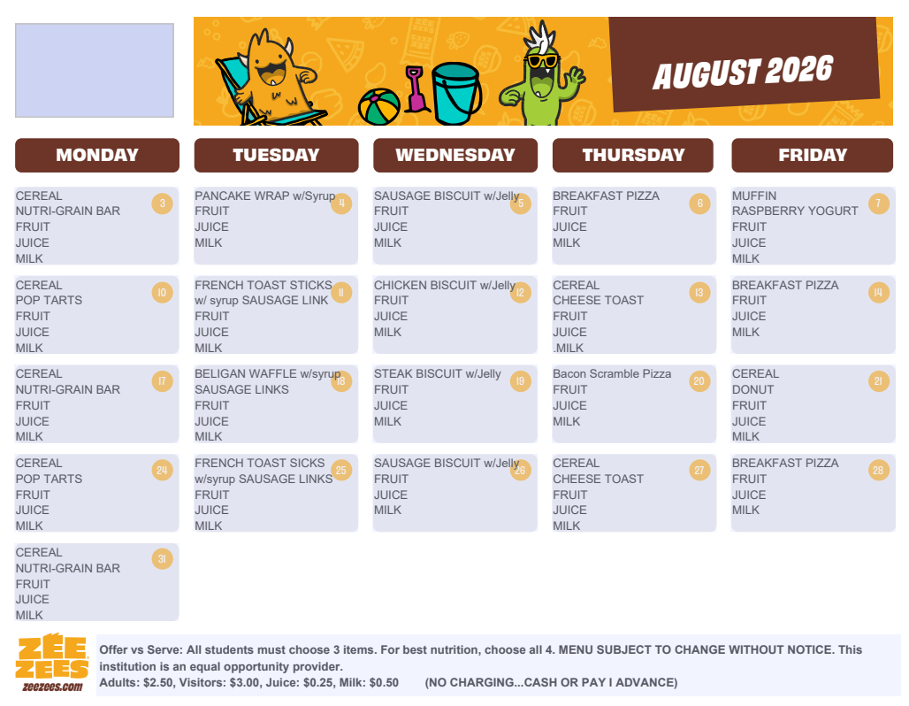 August 3026 Break fast Menu