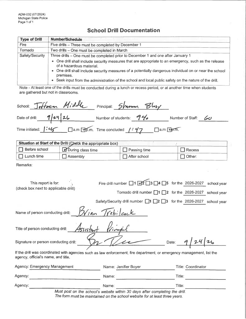 Jefferson Middle School fire drill form 2026-2027