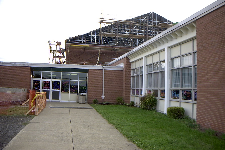Front of school office and HS gym