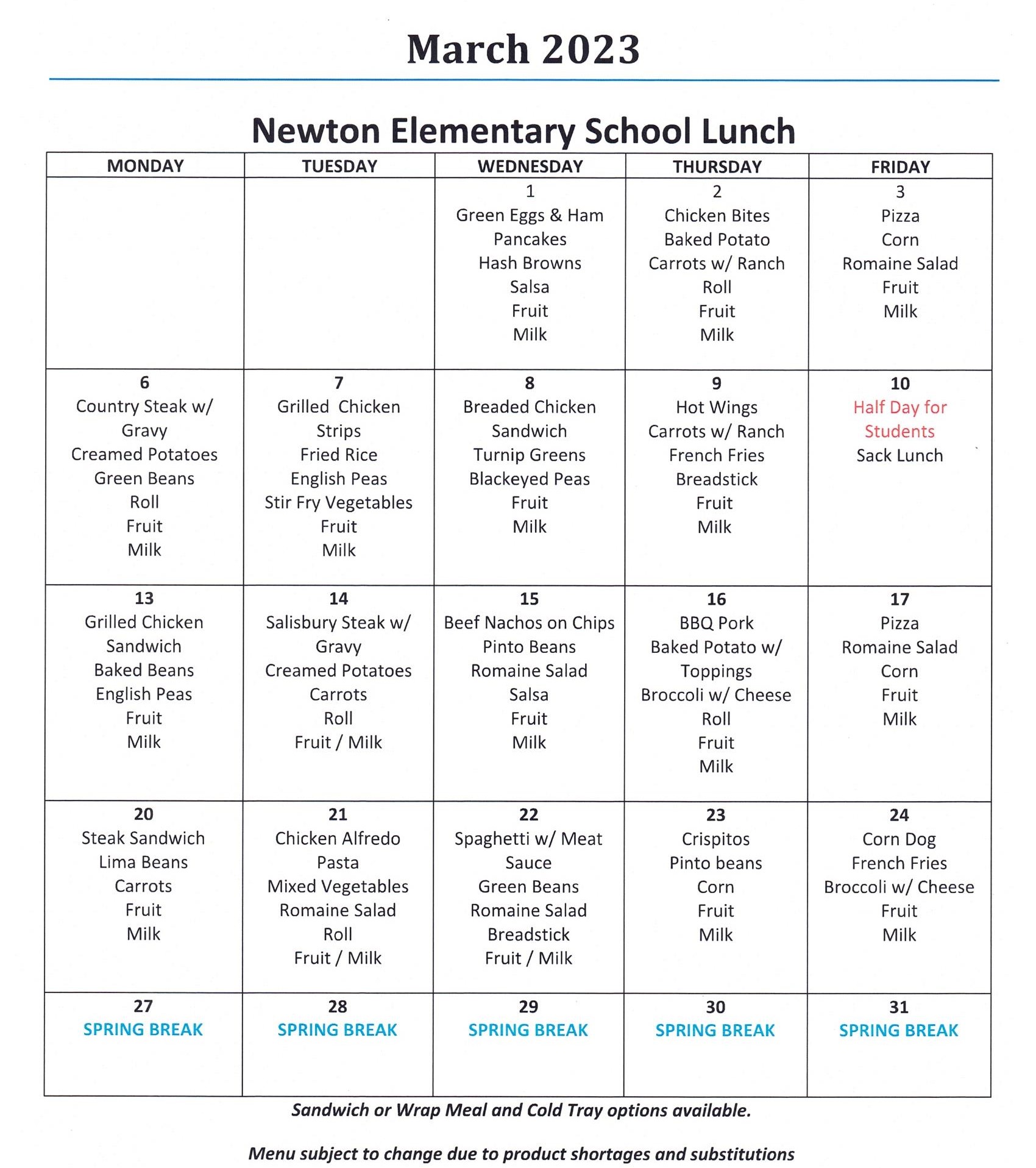 March Lunch Menu