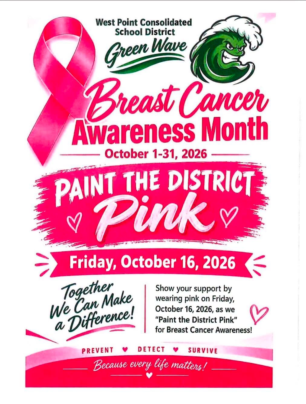 West Point Consolidated School District Breast Cancer Awareness Month flyer announcing Paint the District Pink on Friday, October 16, 2026, and encouraging staff and students to wear pink.