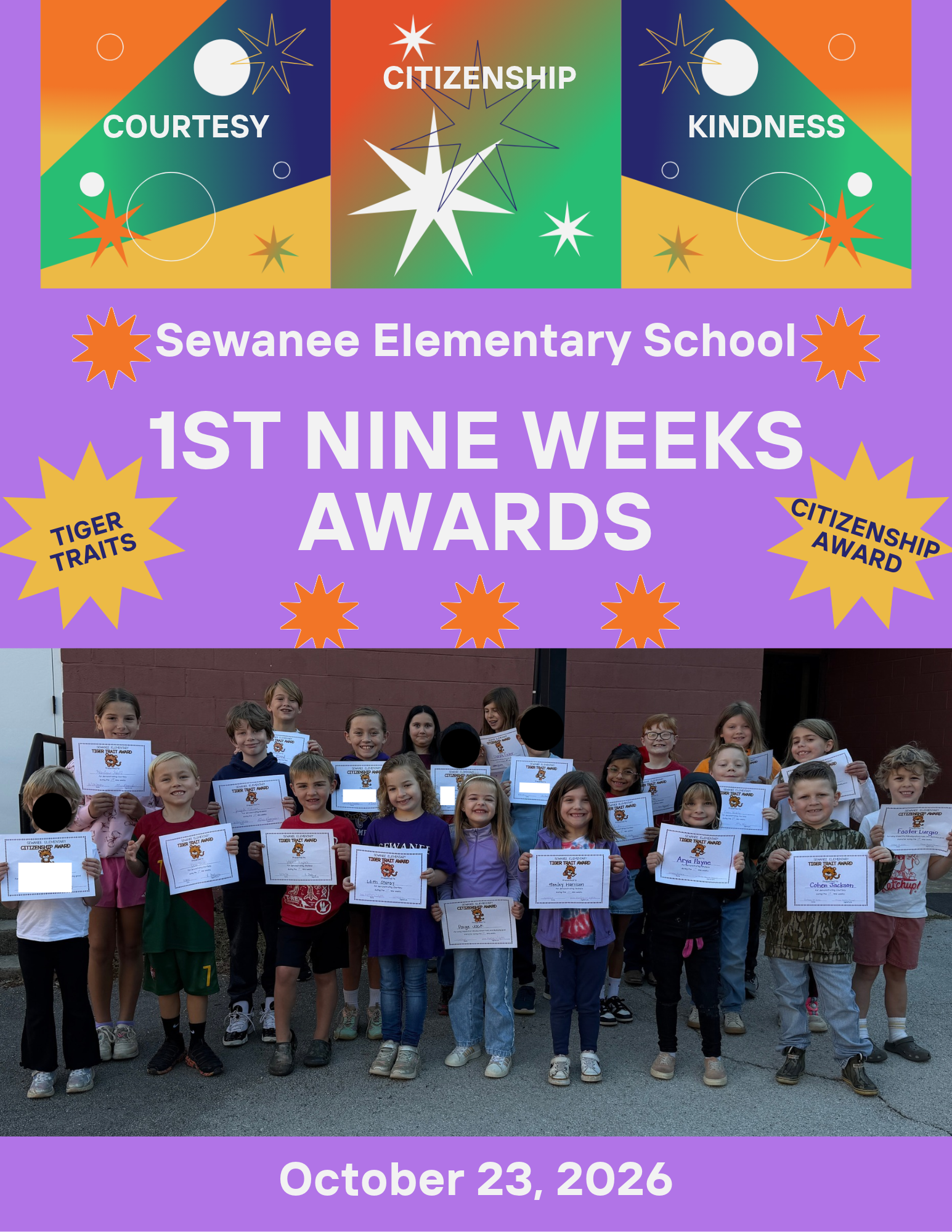 SEWANEE ELEMENTARY SCHOOL - 1ST NINE WEEKS AWARDS - TIGER TRAITS (COURTESY AND KINDNESS) AND CITIZENSHIP - OCTOBER 23, 2026