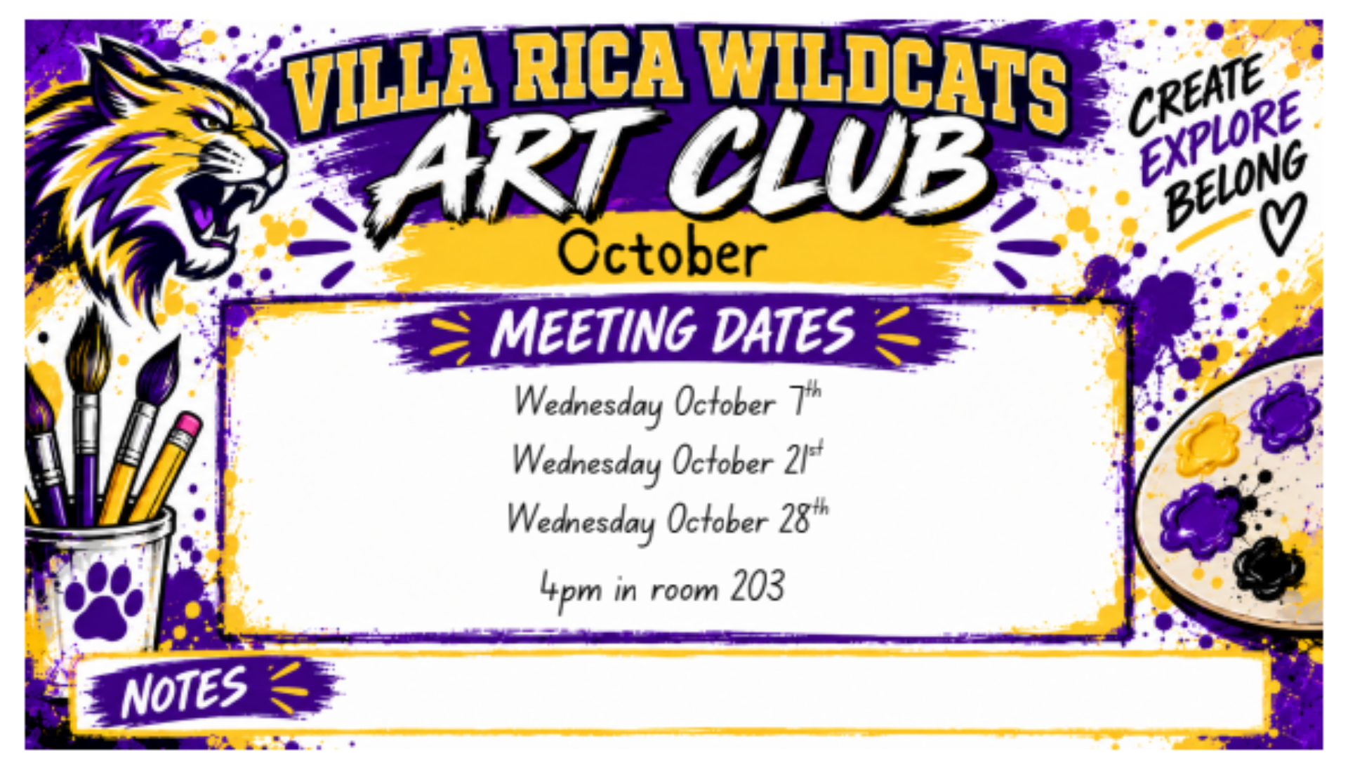 Villa Rica Wildcats Art Club: October Meeting Dates: October 7th, 21st, 28th. 4:00 PM in room 203.