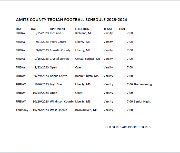 2023-2024 Footballs Schedule