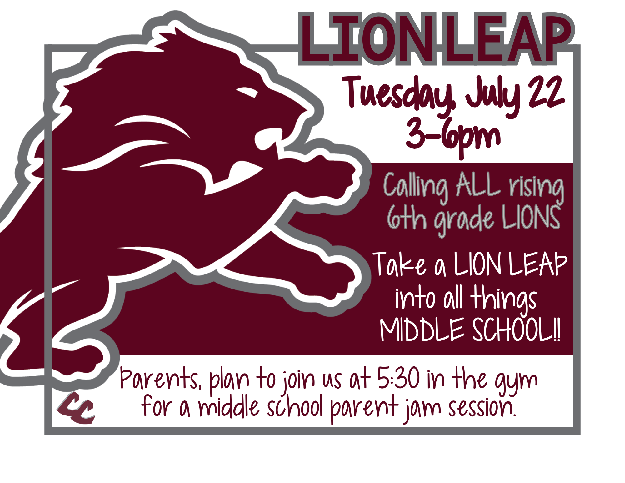 lion leap for upcoming 6th graders on july 22