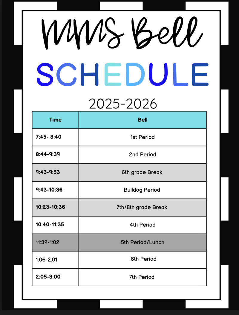 2025-2026 Time Bell MMS Bell  1:06-2:01 11:39-1:02 9:43-9:53 8:44-9:39  2:05-3:00 7:45- 8:40  9:43-10:36  10:40-11:35 10:23-10:36  7th Period 6th Period 1st Period  4th Period 2nd Period  Bulldog Period 6th grade Break  5th Period/Lunch 7th/8th grade Break