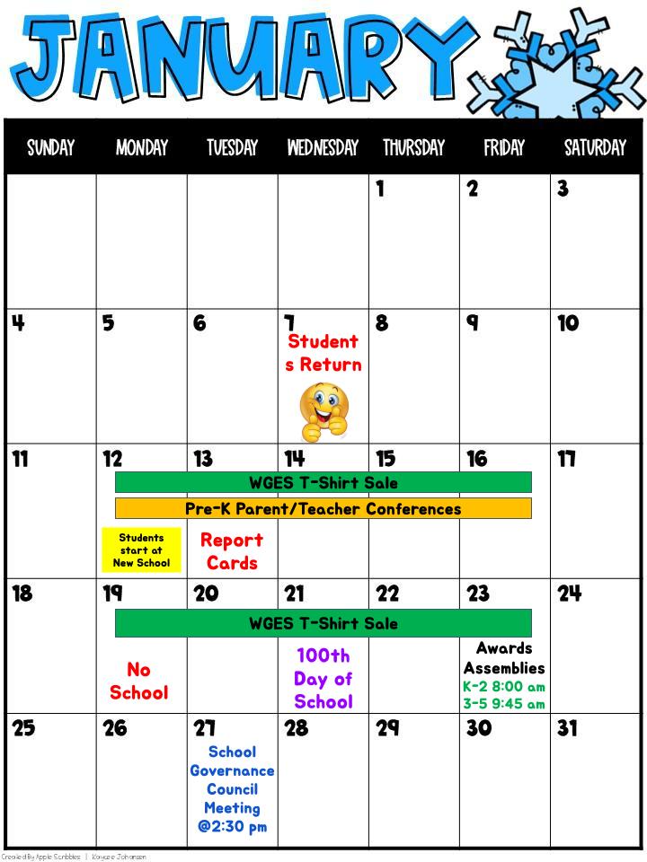 JANUARY SCHOOL CALENDAR (ENGLISH)